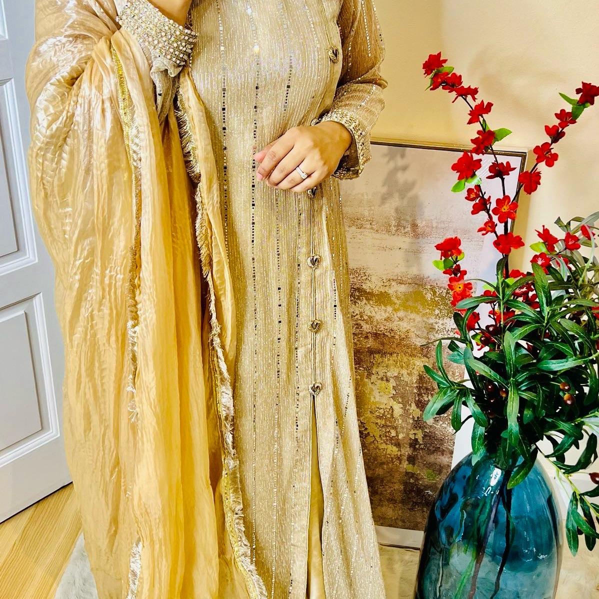 Gold Shimmer Designer Pakistani Maxi Suit for Women - Traditional Elegance Outfit with Blue Dupatta