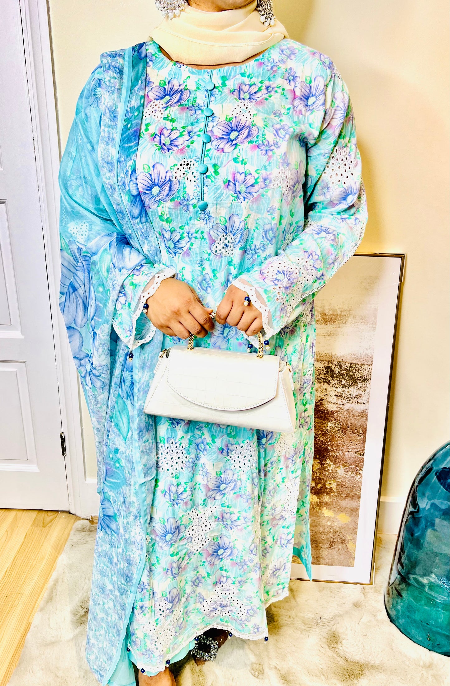 Chikankari Elegance 3 Piece Lawn Suit with Pastel Floral Print
