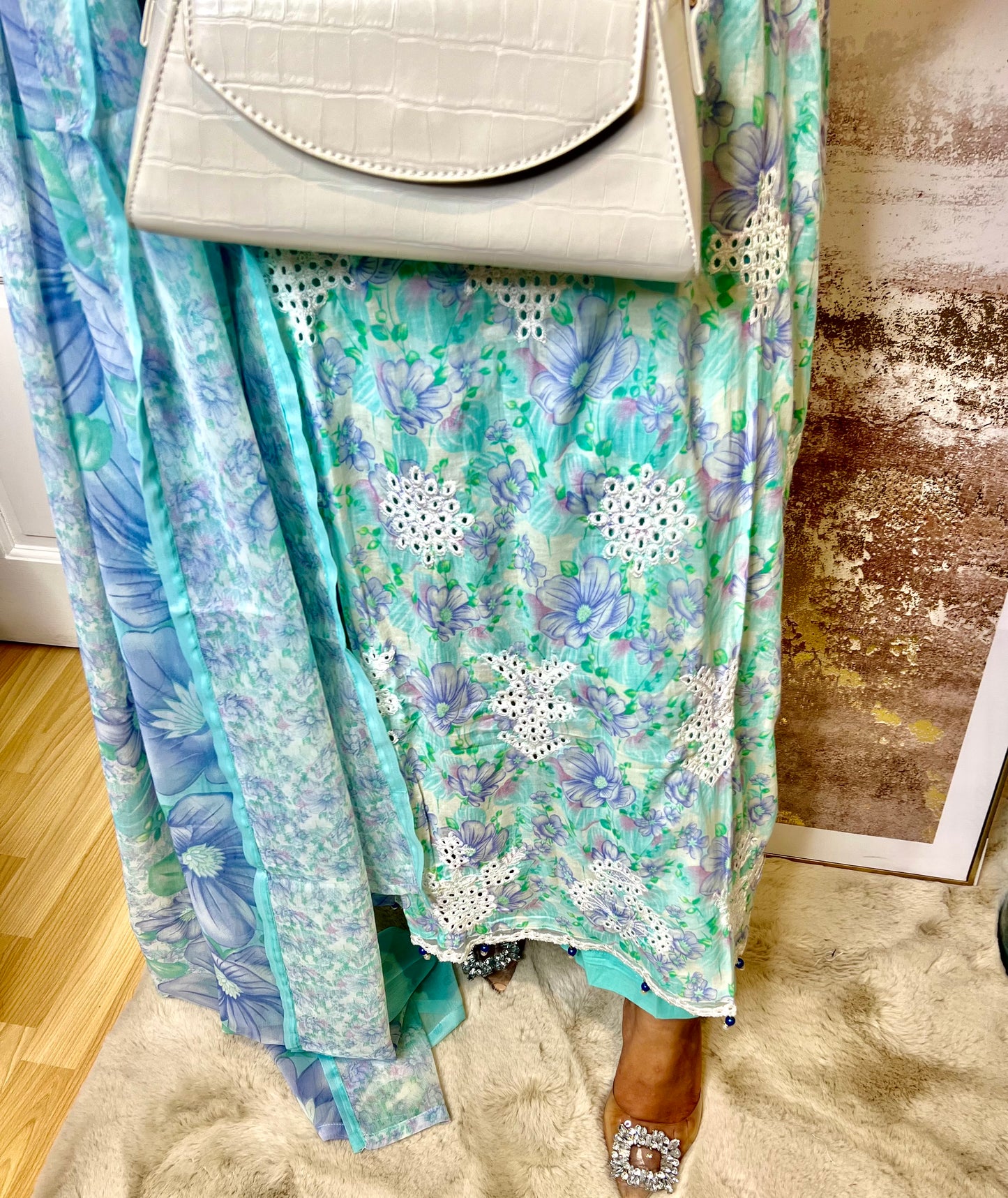 Chikankari Elegance 3 Piece Lawn Suit with Pastel Floral Print