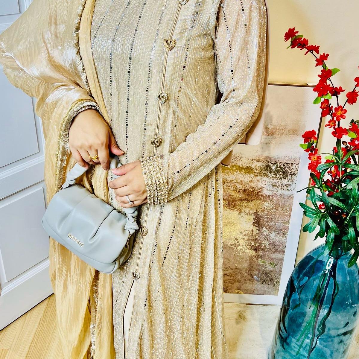 Gold Shimmer Designer Pakistani Maxi Suit for Women - Traditional Elegance Outfit with Blue Dupatta