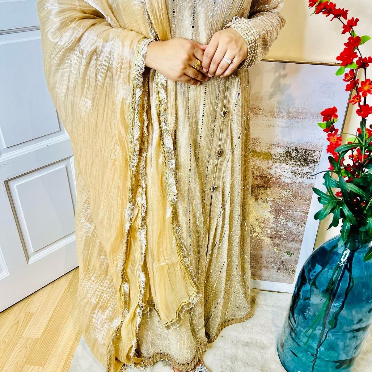Gold Shimmer Designer Pakistani Maxi Suit for Women - Traditional Elegance Outfit with Blue Dupatta