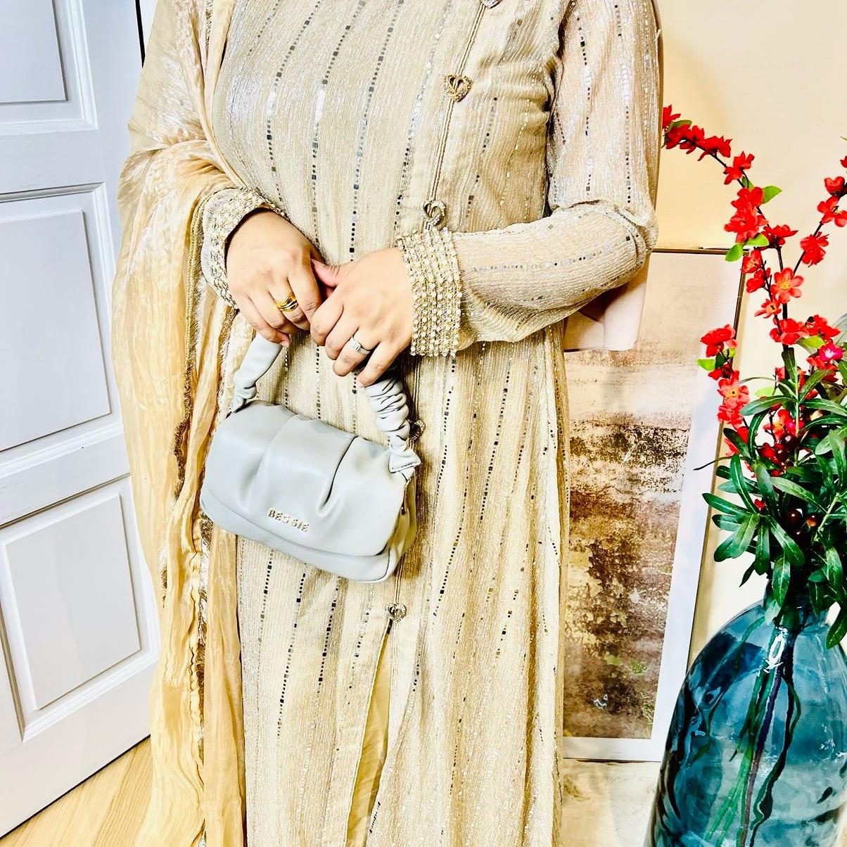 Gold Shimmer Designer Pakistani Maxi Suit for Women - Traditional Elegance Outfit with Blue Dupatta