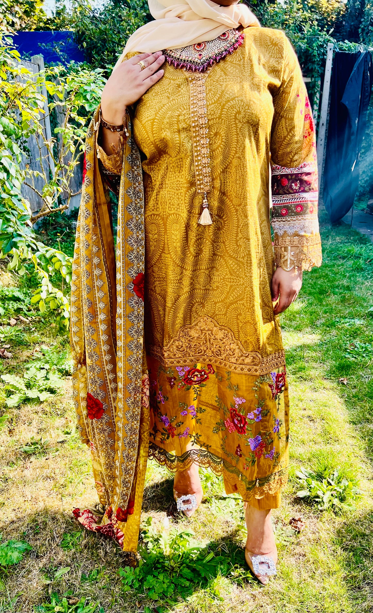 Oranjeta Premium Muskan Collection Mustard Printed Lawn Suit with Embroidered Ghera and Sleeves - Trouser, Chiffon