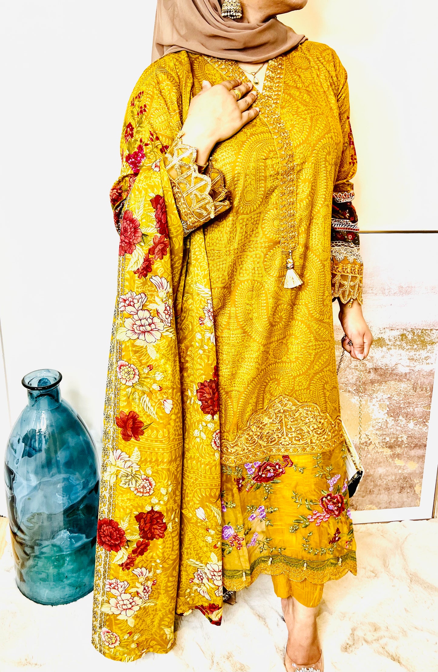 Oranjeta Premium Muskan Collection Mustard Printed Lawn Suit with Embroidered Ghera and Sleeves - Trouser, Chiffon