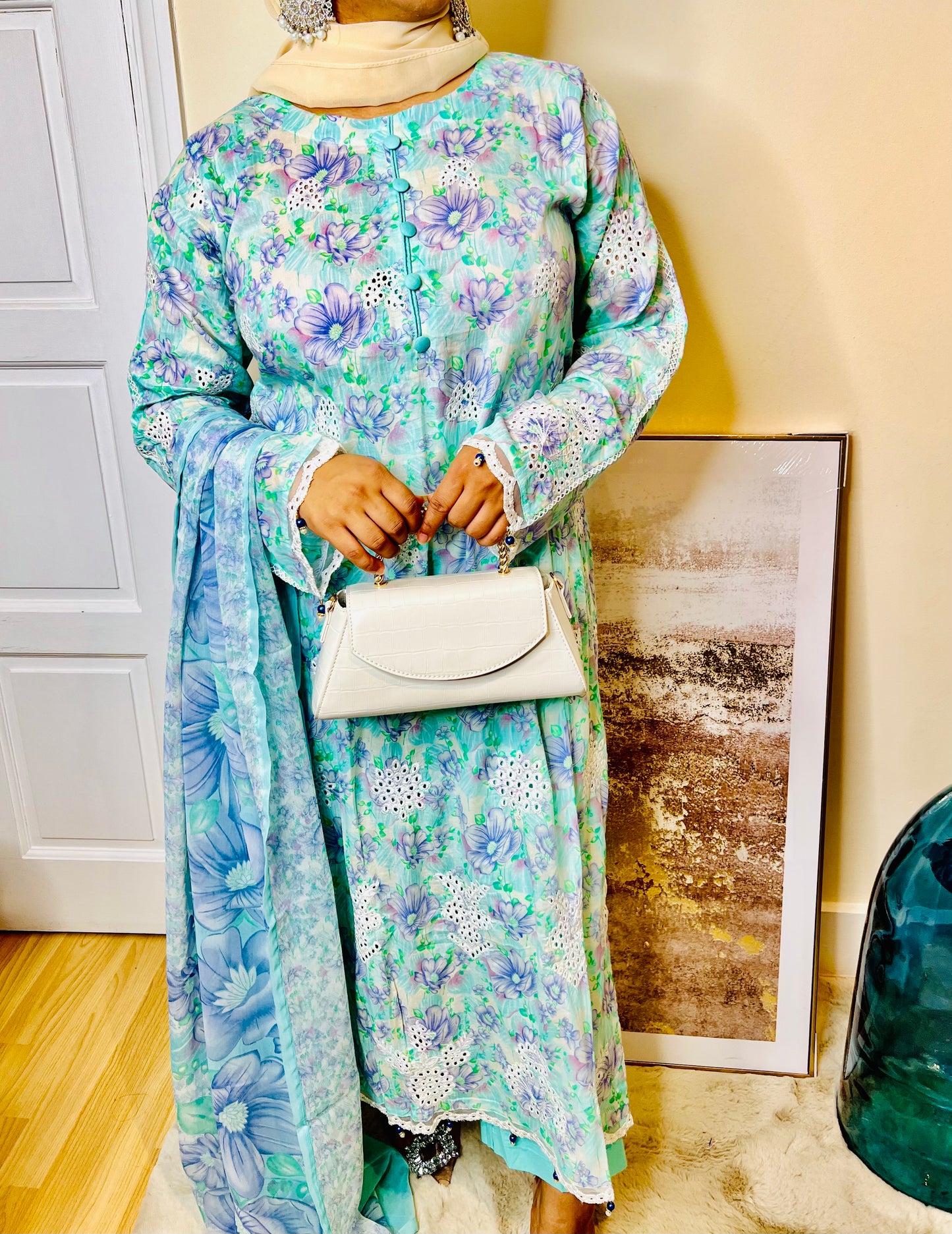 Chikankari Elegance 3 Piece Lawn Suit with Pastel Floral Print