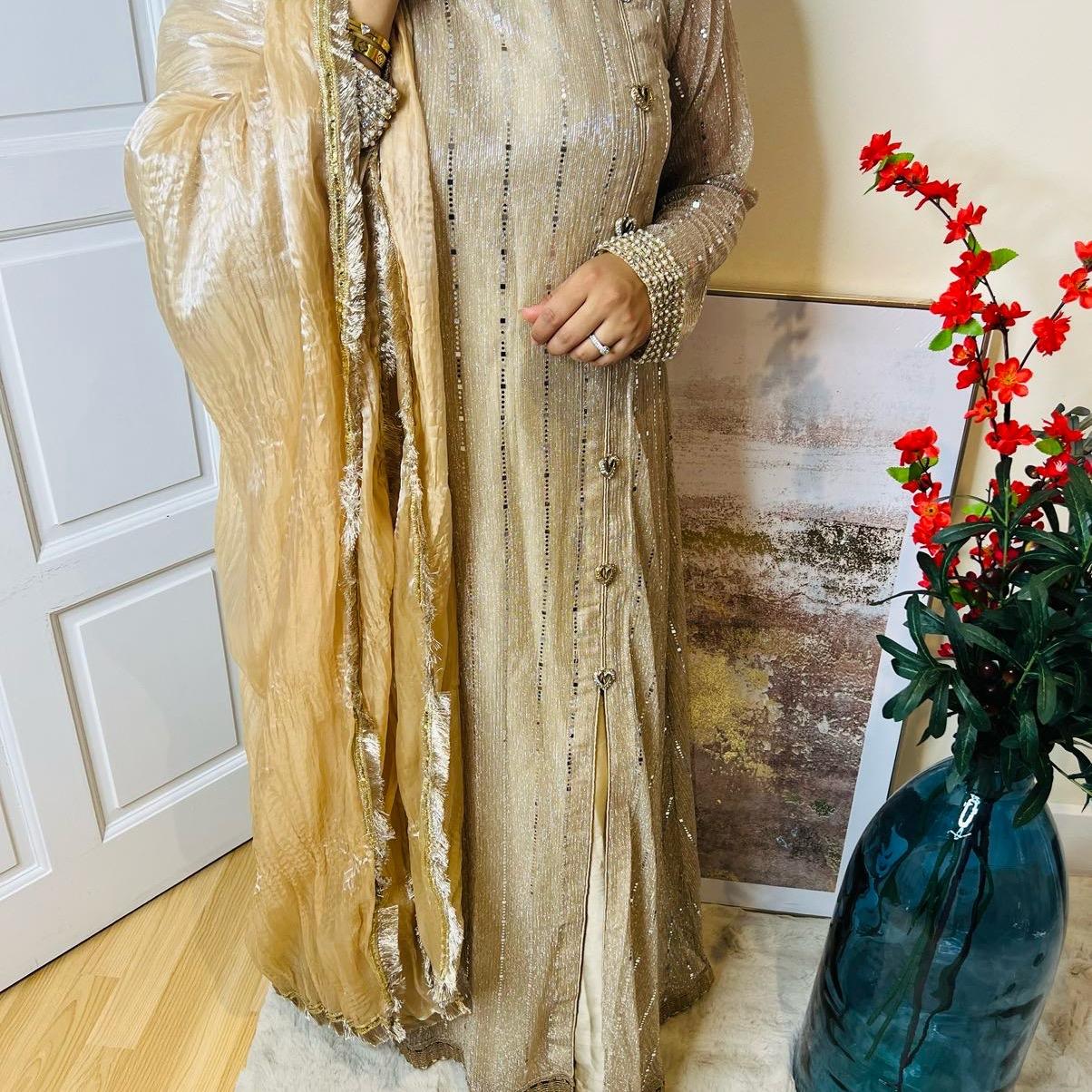 Gold Shimmer Designer Pakistani Maxi Suit for Women - Traditional Elegance Outfit with Blue Dupatta