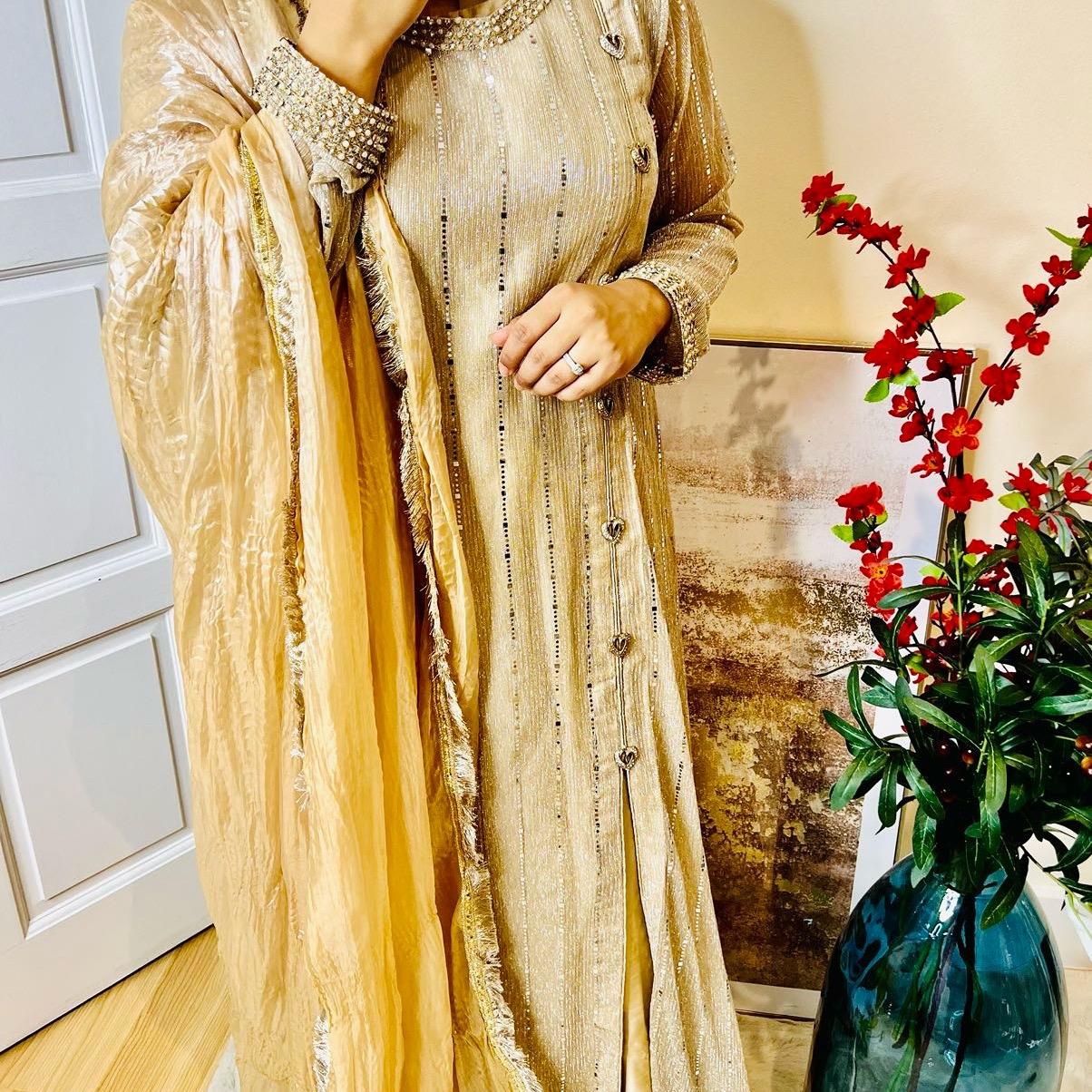 Gold Shimmer Designer Pakistani Maxi Suit for Women - Traditional Elegance Outfit with Blue Dupatta