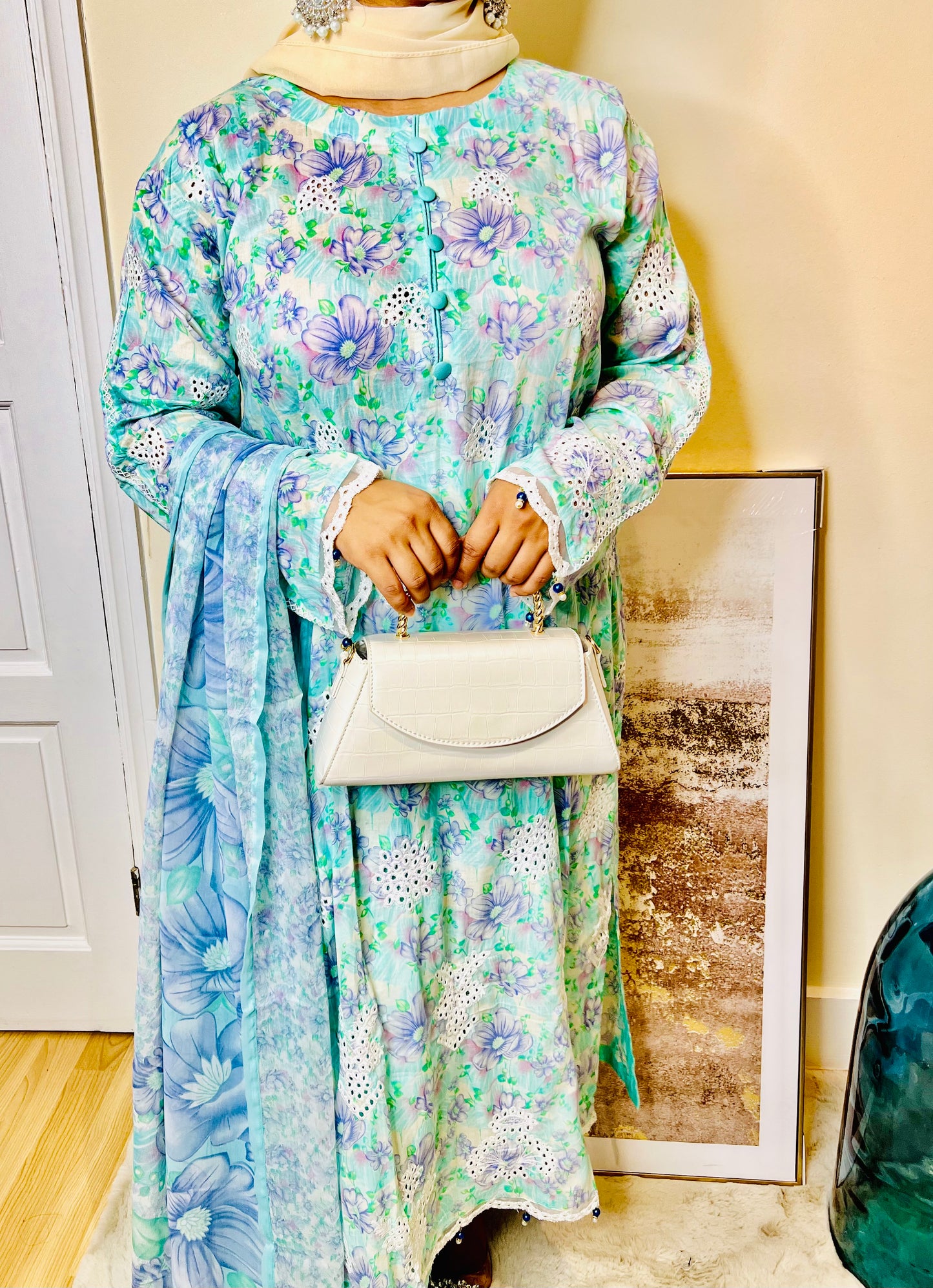 Chikankari Elegance 3 Piece Lawn Suit with Pastel Floral Print