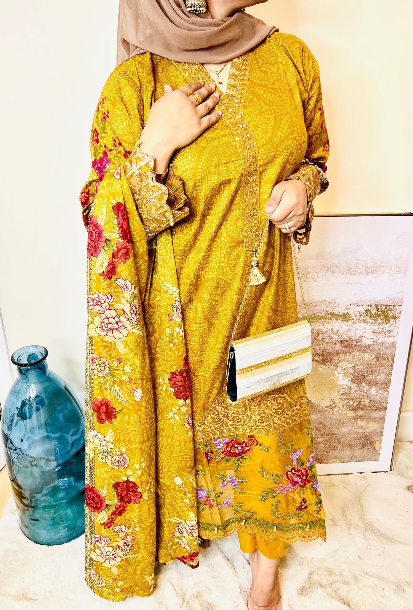 Oranjeta Premium Muskan Collection Mustard Printed Lawn Suit with Embroidered Ghera and Sleeves - Trouser, Chiffon