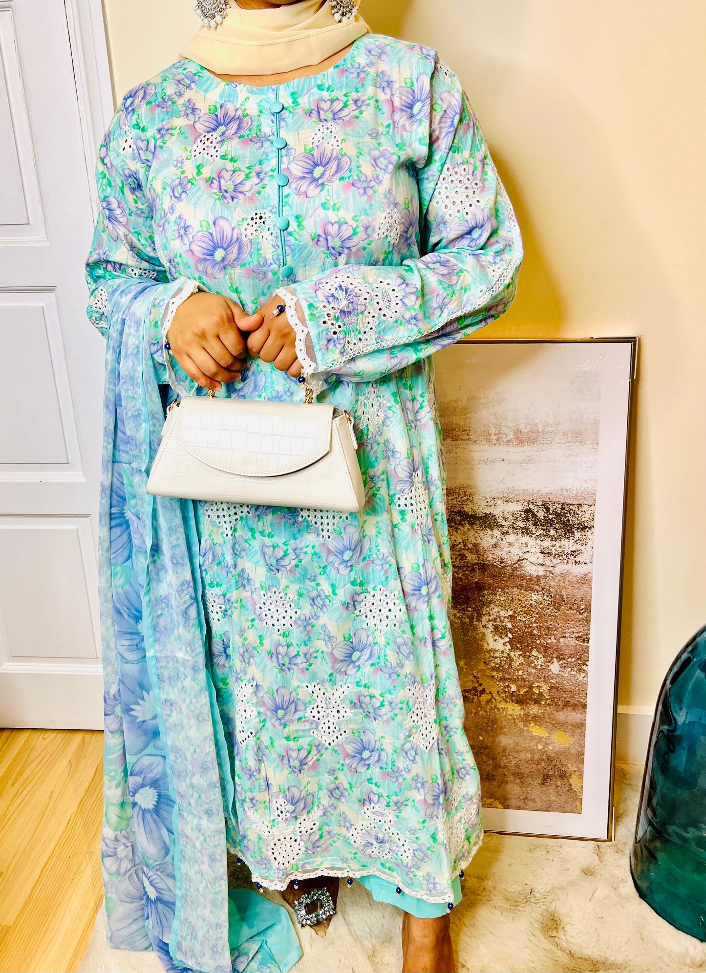 Chikankari Elegance 3 Piece Lawn Suit with Pastel Floral Print