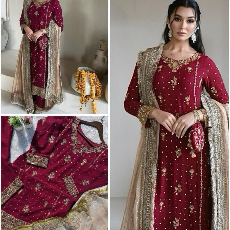 Sahiba Red Luxury Readymade Salwar Kameez with Peach Gold Dupatta