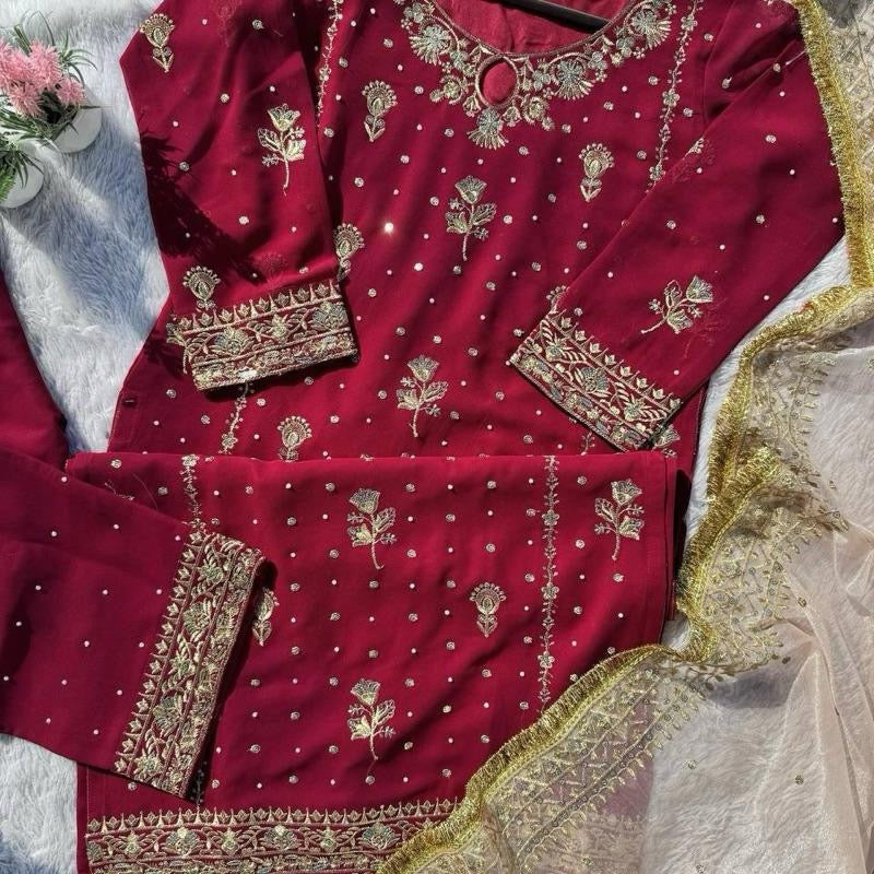 Sahiba Red Luxury Readymade Salwar Kameez with Peach Gold Dupatta