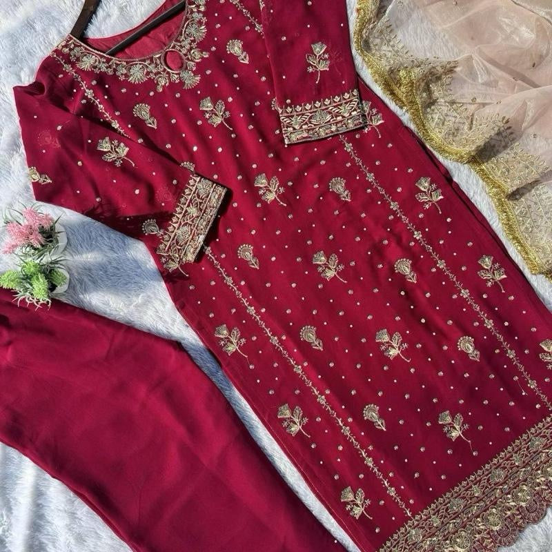 Sahiba Red Luxury Readymade Salwar Kameez with Peach Gold Dupatta