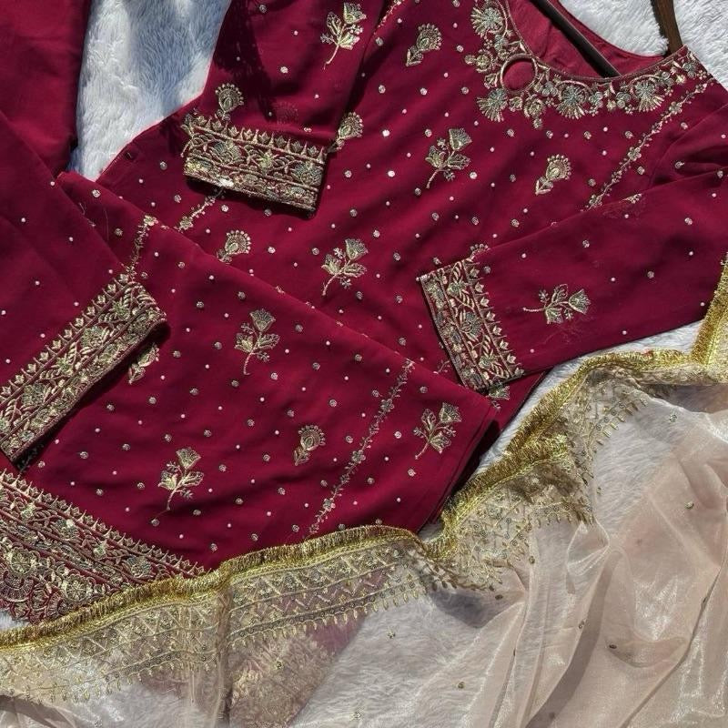 Sahiba Red Luxury Readymade Salwar Kameez with Peach Gold Dupatta