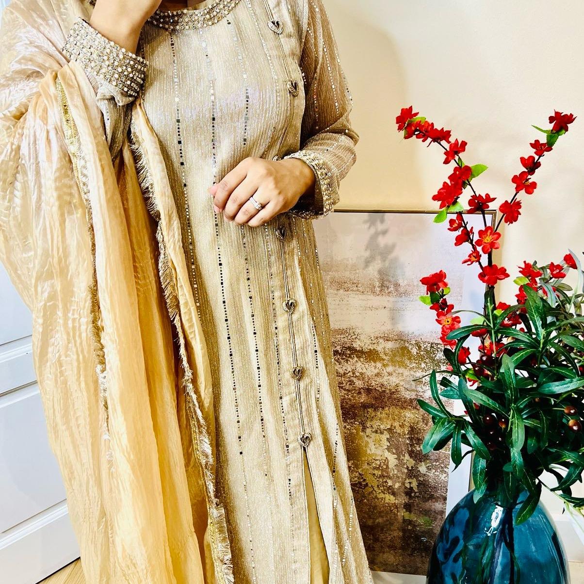 Gold Shimmer Designer Pakistani Maxi Suit for Women - Traditional Elegance Outfit with Blue Dupatta