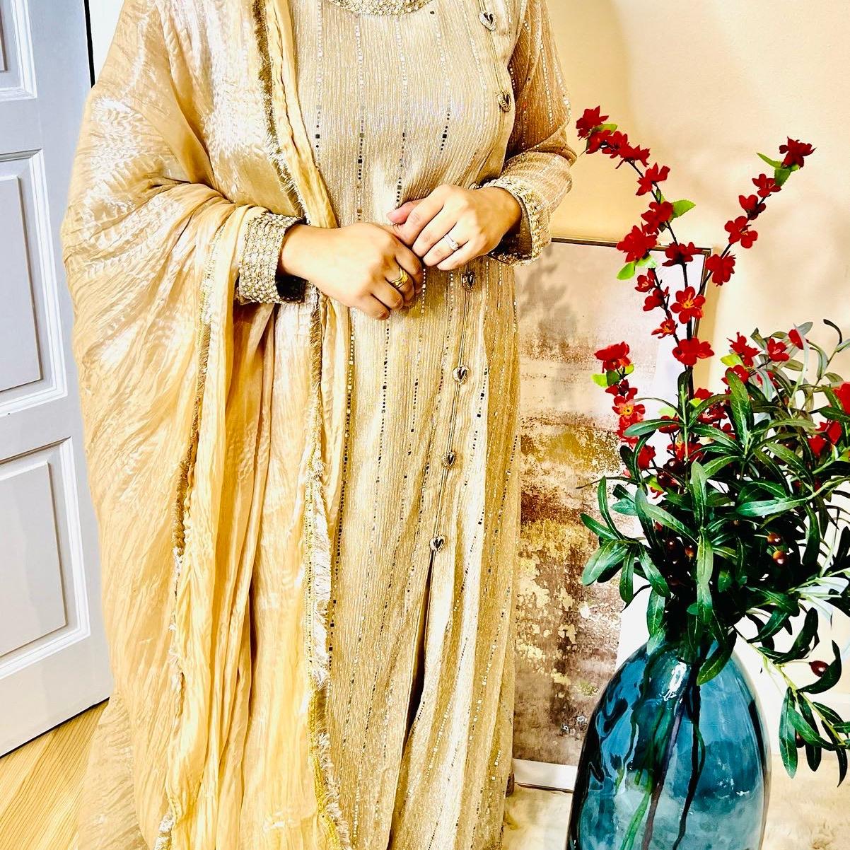 Gold Shimmer Designer Pakistani Maxi Suit for Women - Traditional Elegance Outfit with Blue Dupatta