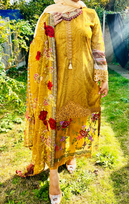 Oranjeta Premium Muskan Collection Mustard Printed Lawn Suit with Embroidered Ghera and Sleeves - Trouser, Chiffon