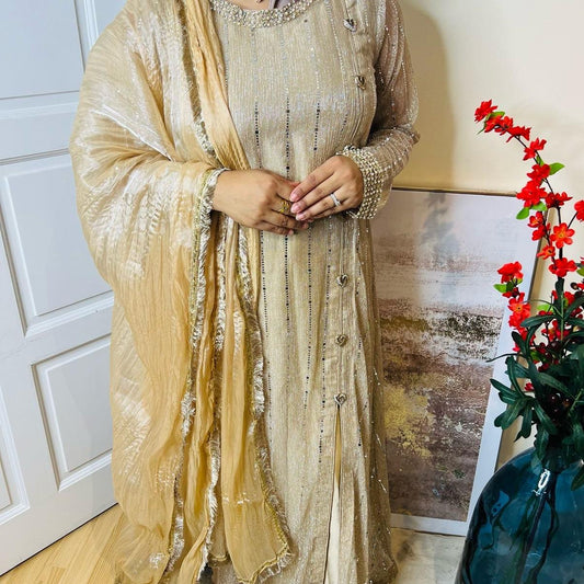 Gold Shimmer Designer Pakistani Maxi Suit for Women - Traditional Elegance Outfit with Blue Dupatta