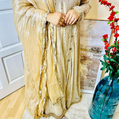 Gold Shimmer Designer Pakistani Maxi Suit for Women - Traditional Elegance Outfit with Blue Dupatta