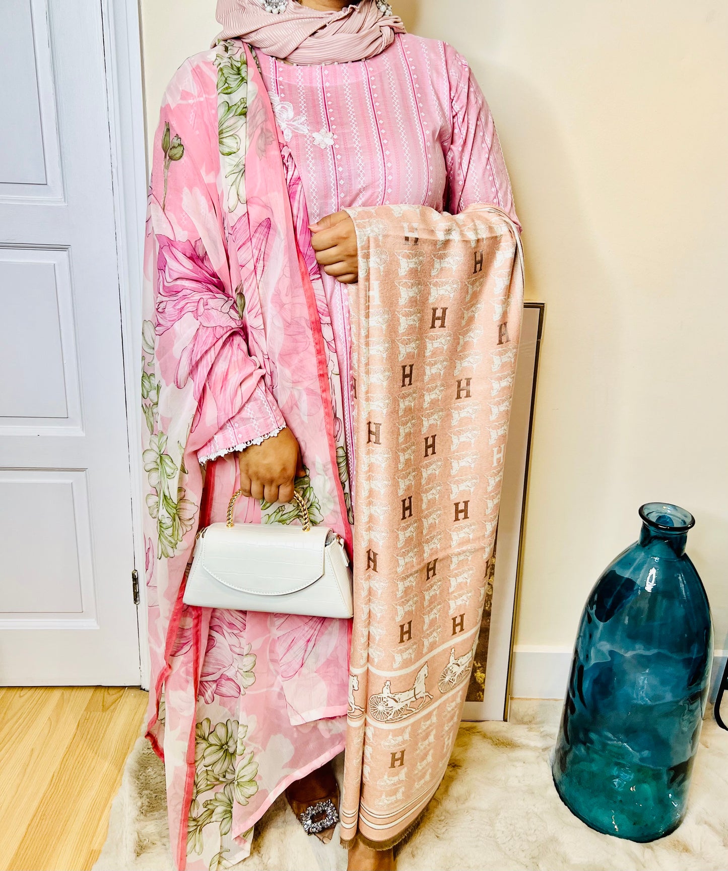 Oranjeta Premium Muskan Collection Mustard Printed Lawn Suit with Embroidered Ghera and Sleeves - Trouser, Chiffon