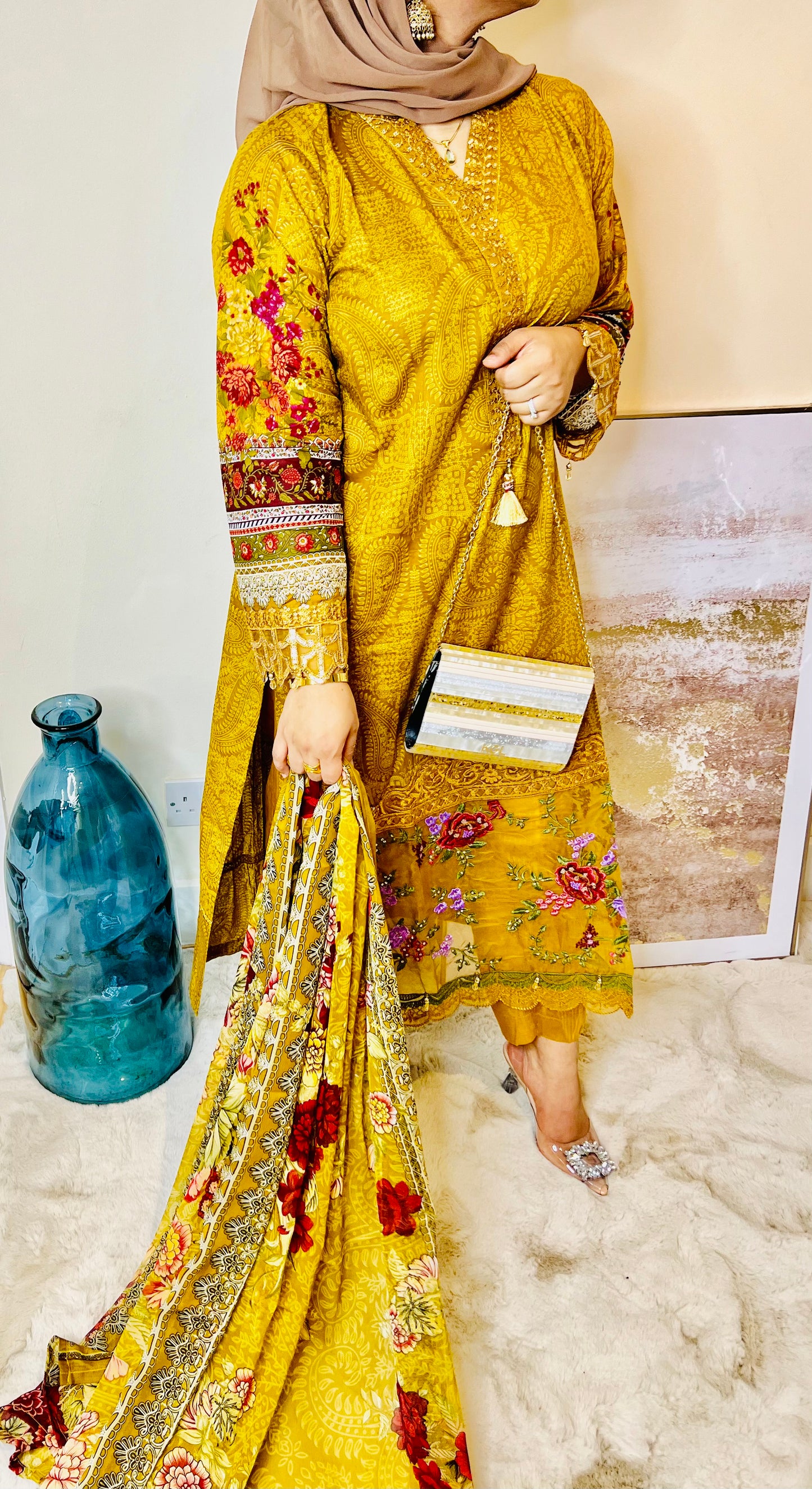 Oranjeta Premium Muskan Collection Mustard Printed Lawn Suit with Embroidered Ghera and Sleeves - Trouser, Chiffon