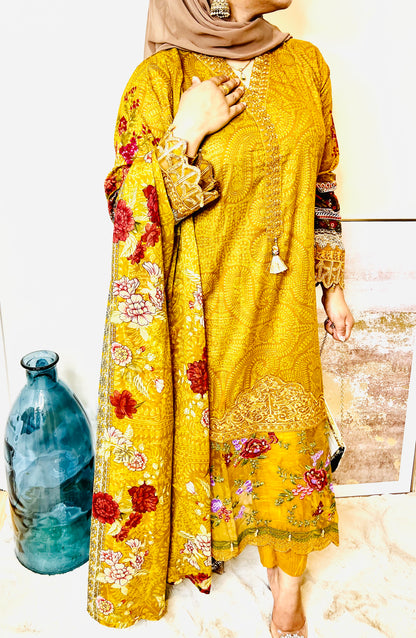 Oranjeta Premium Muskan Collection Mustard Printed Lawn Suit with Embroidered Ghera and Sleeves - Trouser, Chiffon