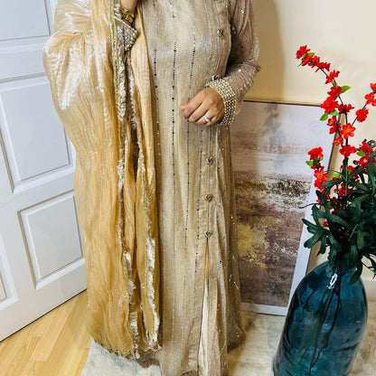 Gold Shimmer Designer Pakistani Maxi Suit for Women - Traditional Elegance Outfit with Blue Dupatta
