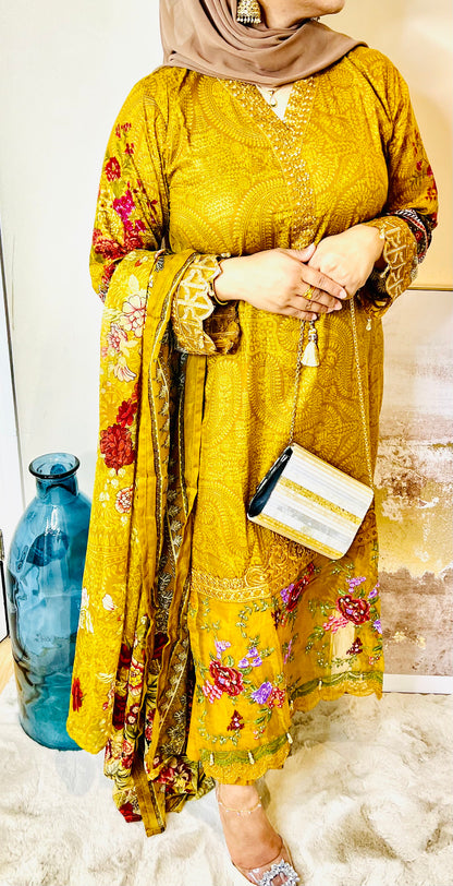 Oranjeta Premium Muskan Collection Mustard Printed Lawn Suit with Embroidered Ghera and Sleeves - Trouser, Chiffon