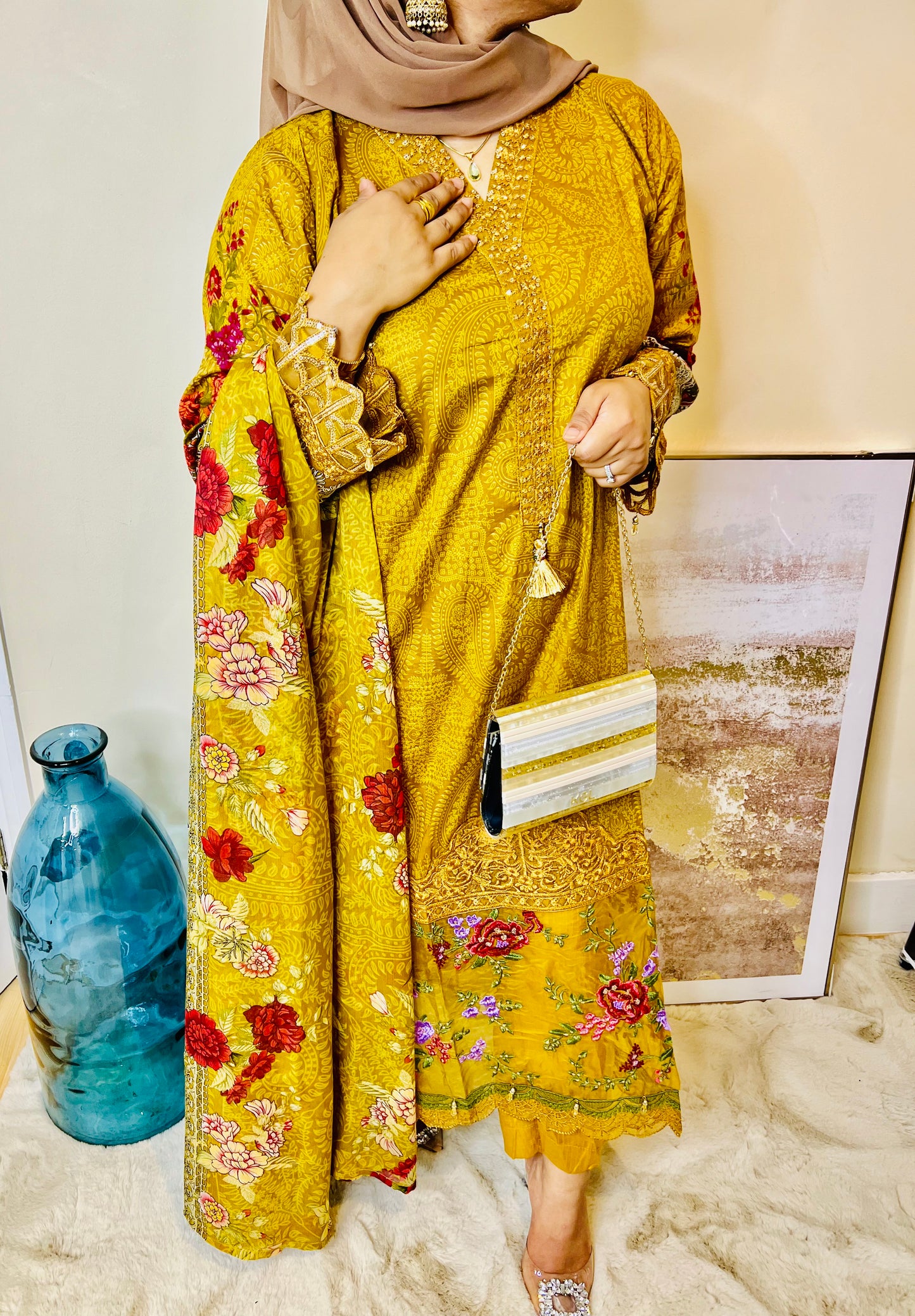 Oranjeta Premium Muskan Collection Mustard Printed Lawn Suit with Embroidered Ghera and Sleeves - Trouser, Chiffon