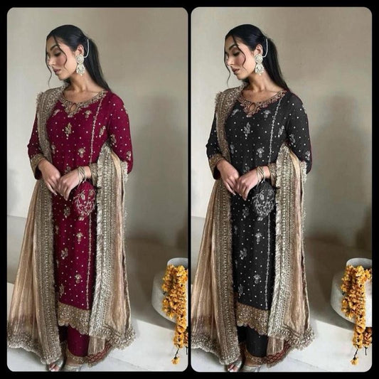 Sahiba Red Luxury Readymade Salwar Kameez with Peach Gold Dupatta