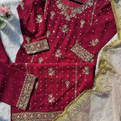 Sahiba Red Luxury Readymade Salwar Kameez with Peach Gold Dupatta